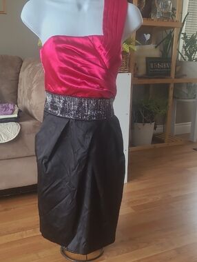 Teeze Me One-Shoulder Backless Dress in Hot Pink and Black with Sequin Waist